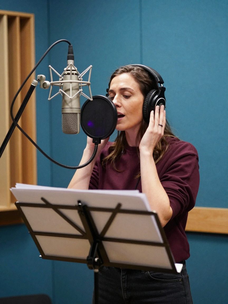 Une chanteuse enregistre dans la cabine voix, casque sur les oreilles, devant un micro à condensateur