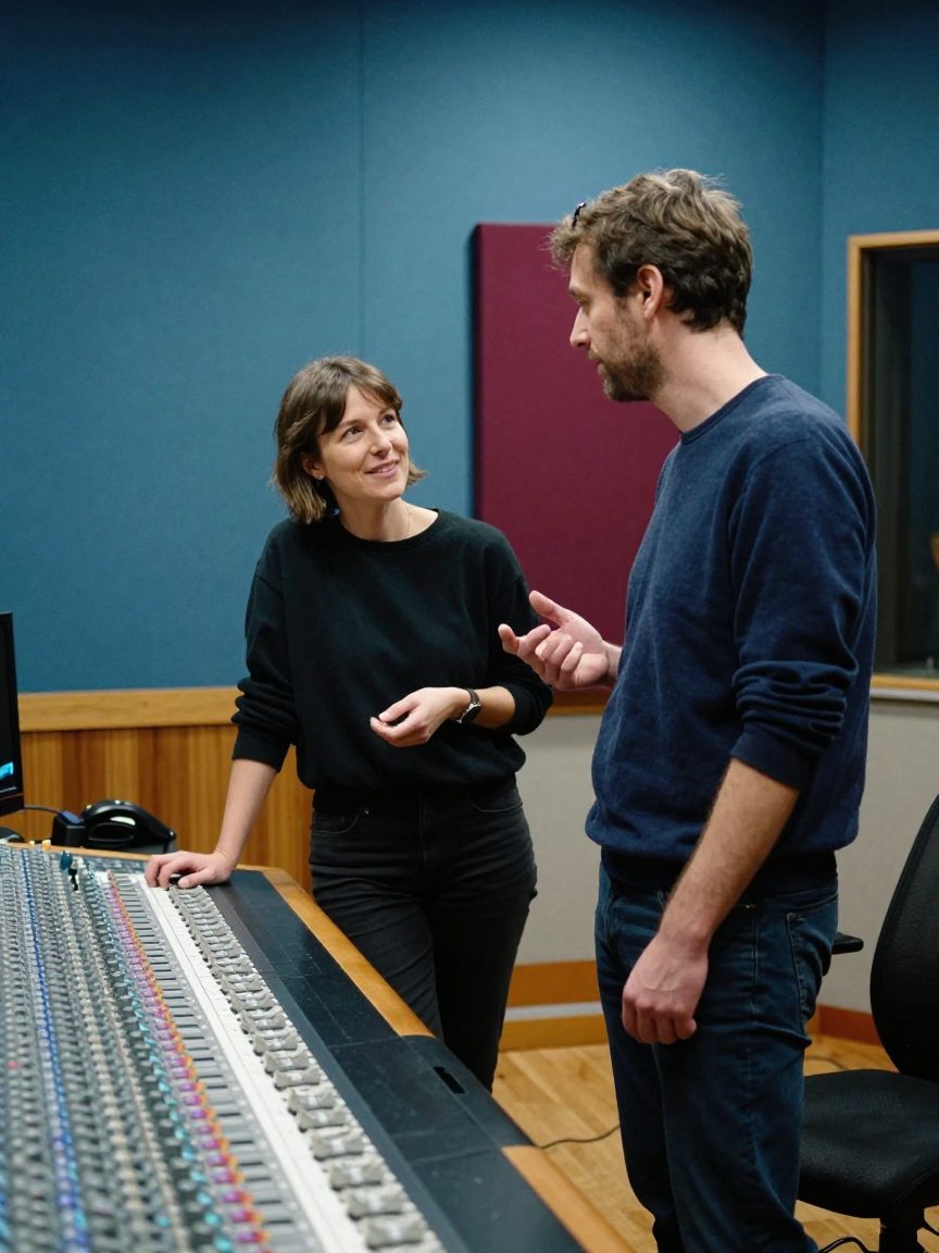 Two members of the studio team talking near the console