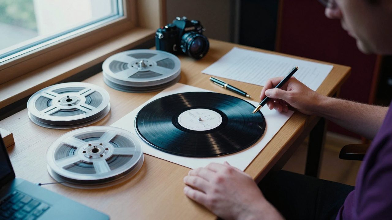 Des bobines de bande magnétique, un vinyle test en pochette blanche et un stylo sur un bureau