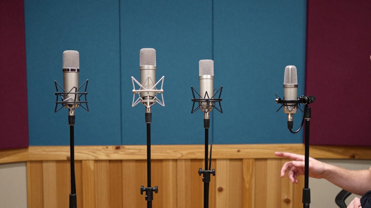 Quatre micros de studio différents alignés sur pieds devant des panneaux acoustiques