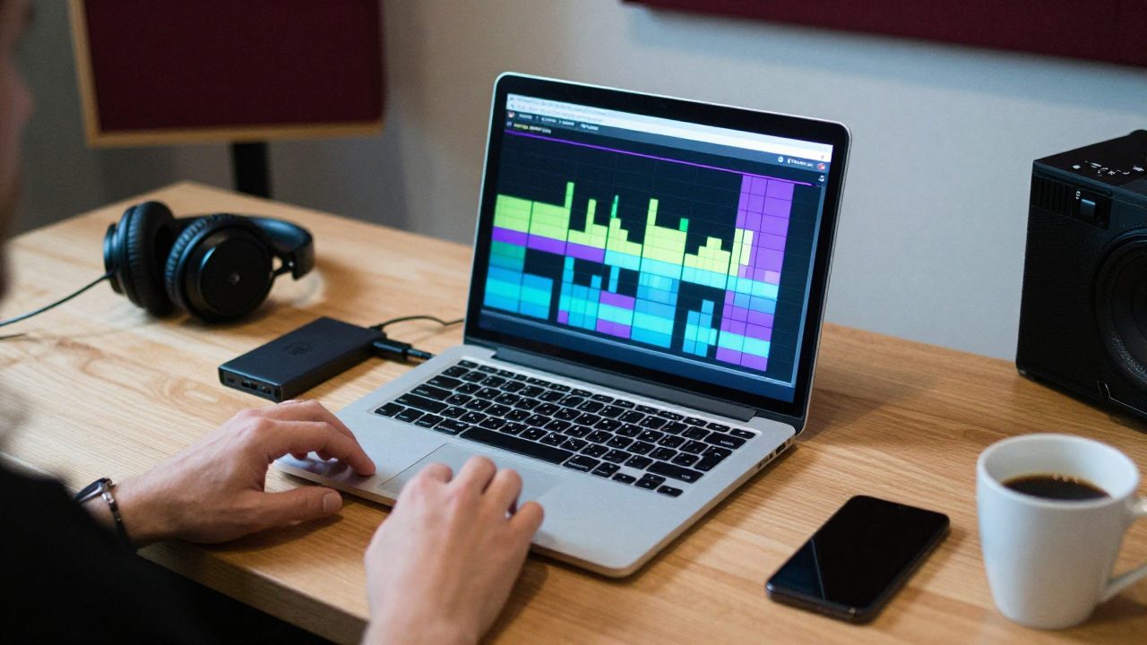 Un ordinateur portable affichant des pistes audio colorées, un disque SSD et un casque sur un bureau
