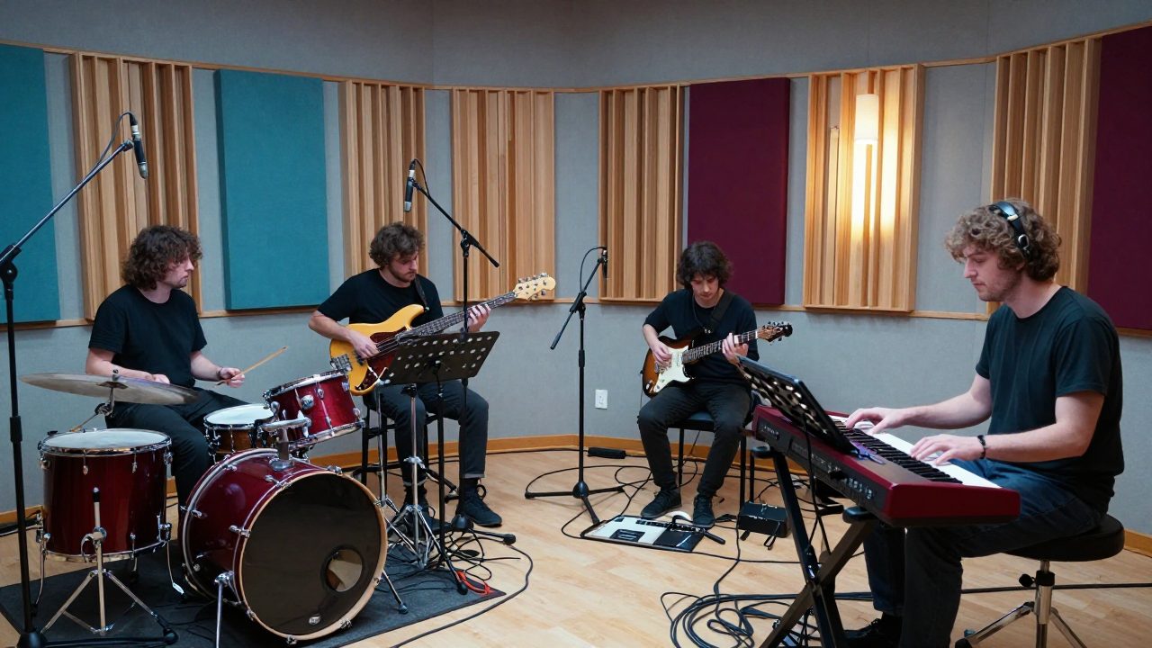 A four-piece band recording together in the wooden live room