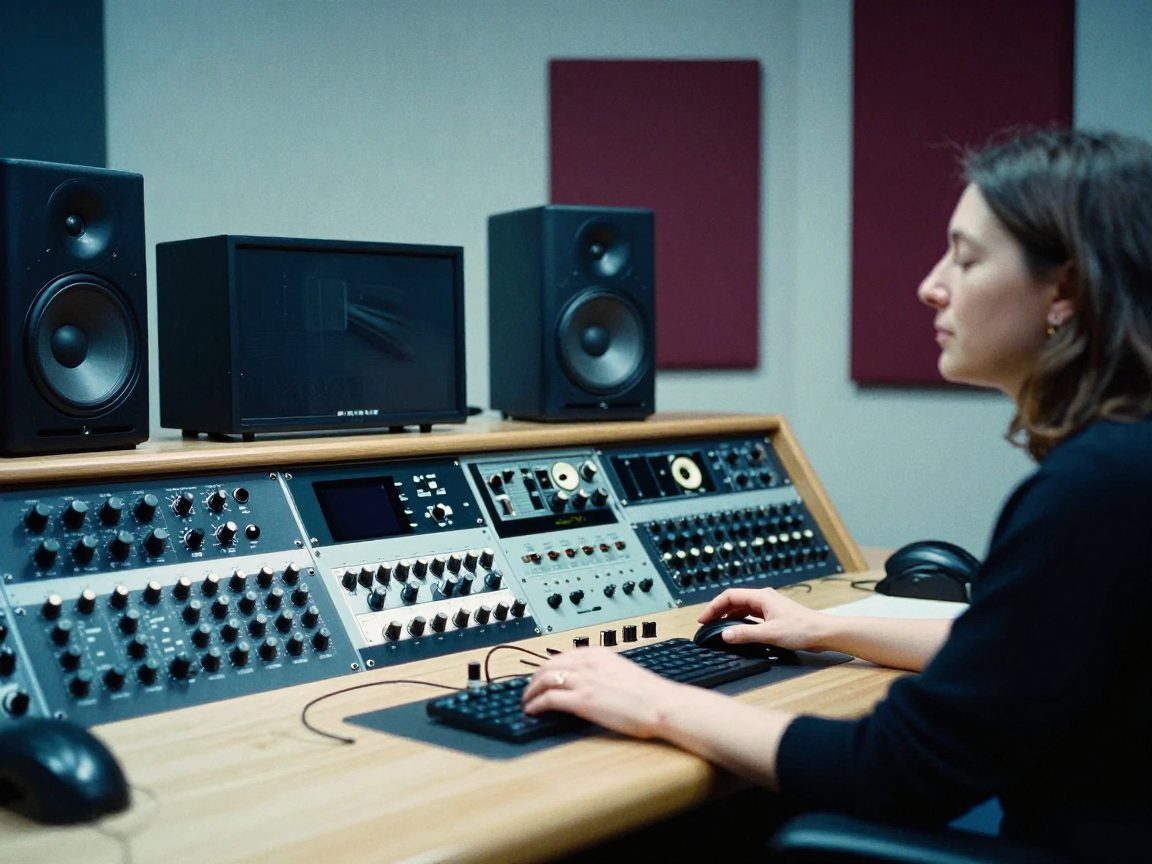 Une ingénieure écoute un master dans la salle de mastering, devant des moniteurs