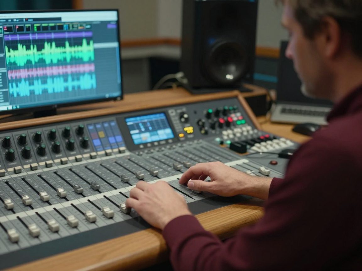 A sound engineer adjusts console faders during a mix