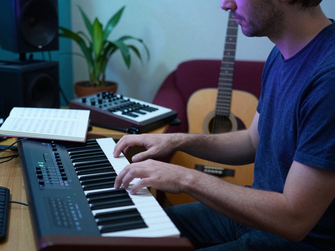 A producer plays a synthesizer next to an acoustic guitar
