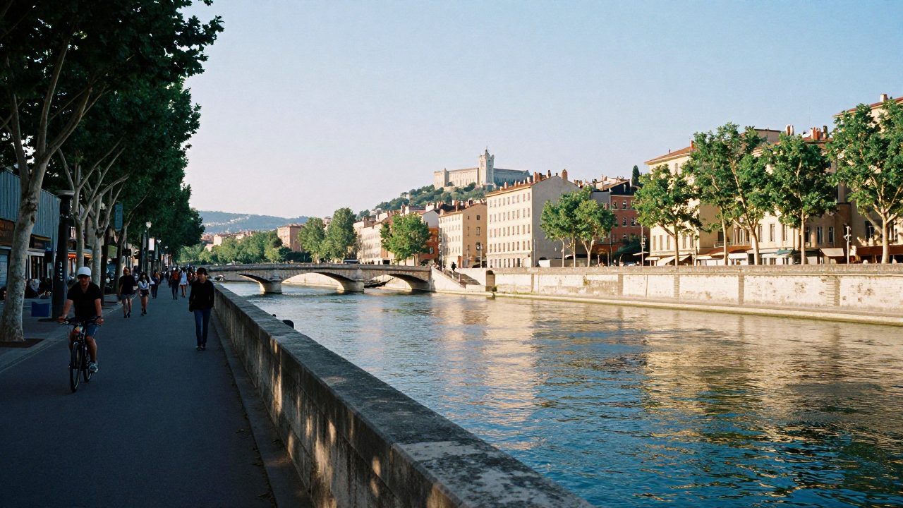 Les quais du Rhône à Lyon au coucher du soleil, avec un pont et des promeneurs