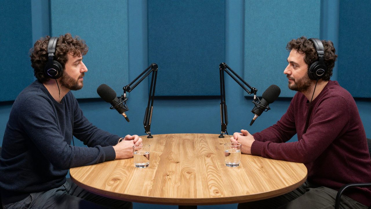 Two people record a podcast around a round table with microphones